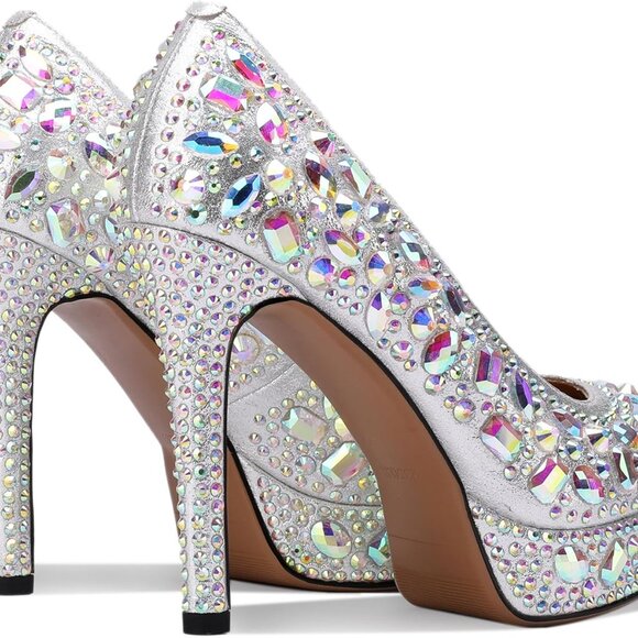 Platform Heels for Women Glitter Rhinestone Square Toe Chunky Pumps - Picture 4 of 6